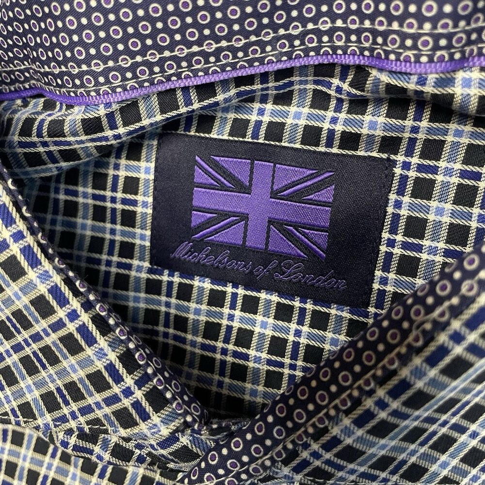 Michelsons London Dress Shirt Men's Large Navy Twill Check Long-Sleeve Contrast - Picture 2 of 11